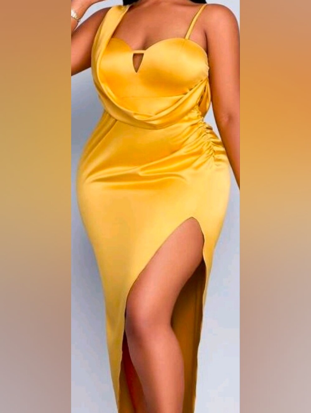 SHEIN Golden Yellow Satin Cowl Neck High-Slit Midi Dress